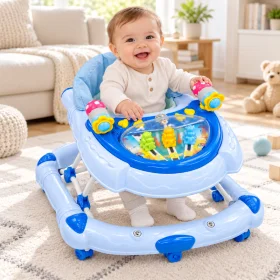 Baby Walker with Padded Seat, Activity Tray, Colorful Toys & Wide Base – Blue