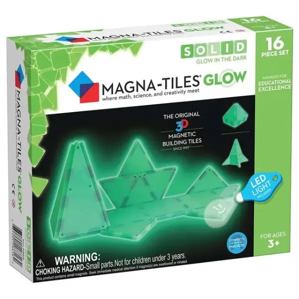 MAGNA-TILES Glow in the Dark 16-Piece Magnetic Construction Set for Kids 3+ with LED Keychain Light