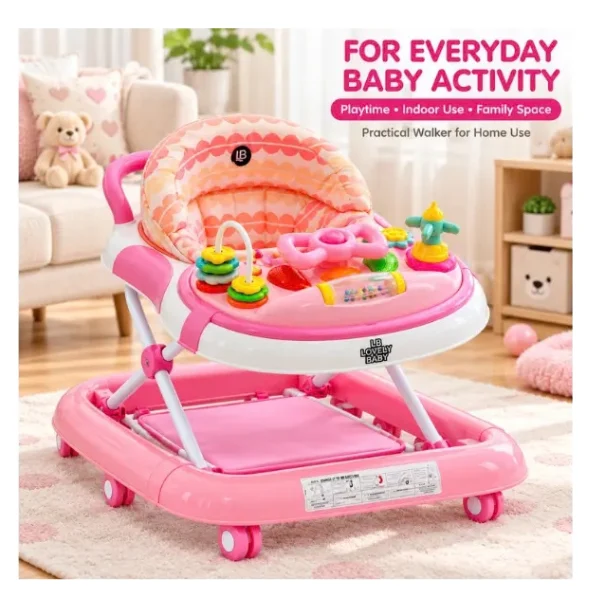 Baby Walker with Activity Tray, Padded High-Back Seat & Push Handle, Pink Infant Walker with Colorful Toys, Wide Base & Rocker Function for Indoor Baby Activity