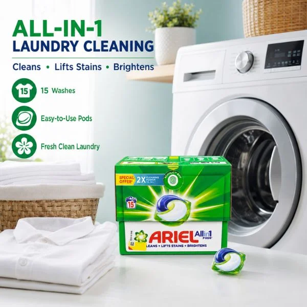 Ariel All-in-1 Pods Laundry Detergent 15 Washes (4PC/CTN)– 2X Cleaning Power, Cleans Lifts Stains & Brightens