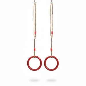 AL ARQAM Red Wooden Gymnastic Rings for Kids – 1 Pair Swing Rings with Adjustable Rope, Indoor & Outdoor Playground Climbing and Pull-Up Fitness Toy