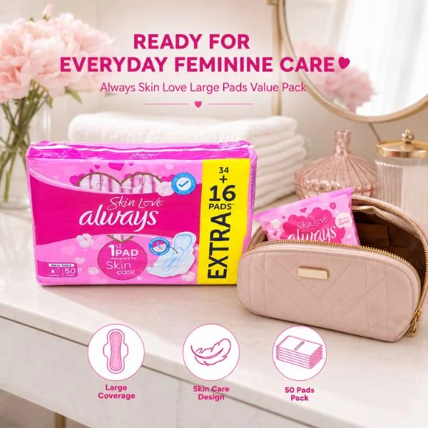 Always Skin Love Maxi Thick Large Sanitary Pads 50 Pads(8PKT/CTN) – Sensitive Skin Care Feminine Hygiene Pads