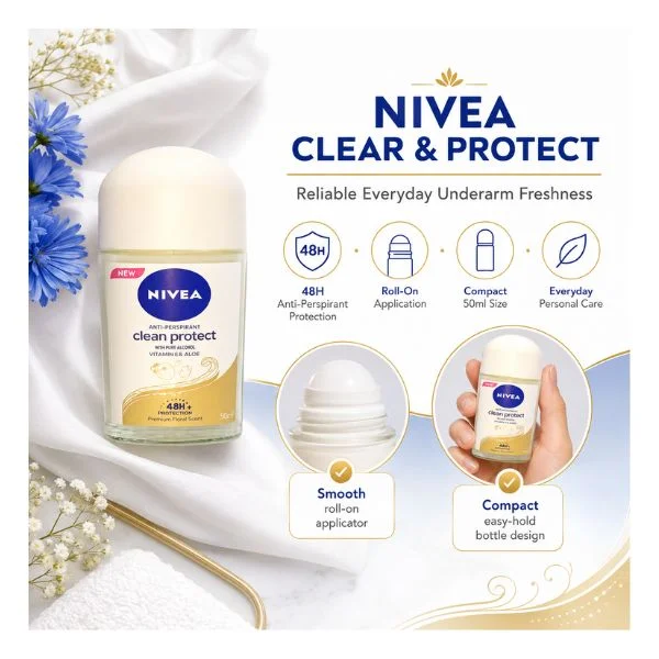 Nivea Clear & Protect Roll-On Deodorant 50ml (30PC/CTN)– 48H Anti-Perspirant Protection for Women