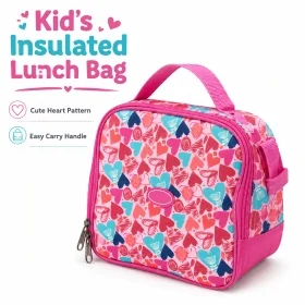 MOTARRO Kids Insulated Lunch Bag MX039-2, Portable Polyester Lunch Tote with PEVA Insulated Lining, Pink Heart Pattern, 23×23×8cm, Reusable School Lunch Bag