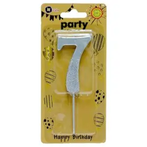 Italo Number 7 Silver Glitter Dipped Birthday Candle, Eye-Catching Design for Parties & Celebrations, Wax Cake Topper