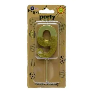 Italo Number 9 Gold Glitter Birthday Candle, Dipped Design, Perfect for Parties & Special Occasions, Age 9+