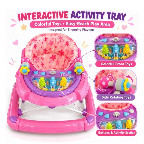 Baby Walker with Padded Seat & Activity Tray, Pink Floral Infant Walker with Colorful Toys, Wide Base & Support Frame for Indoor Baby Activity