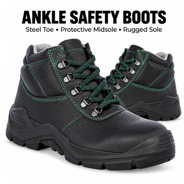 Black Ankle Safety Boots S3, Steel Toe Work Boots with Anti-Puncture Steel Midsole, Slip Resistant PU Sole, Water Resistant Leather Safety Shoes for Construction & Industrial Work