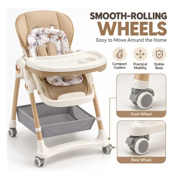 AL ARQAM Baby High Chair with Feeding Tray, Safety Harness, Caster Wheels & Storage Basket, Padded Infant Feeding Chair for Home & Mealtime – Beige