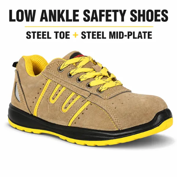 Armstrong Low Ankle Safety Shoes with Steel Toe & Steel Mid-Plate, Beige Suede Leather Industrial Work Shoes, Oil Resistant PU Sole, Padded Insole, SBP Standard, Beige/Yellow