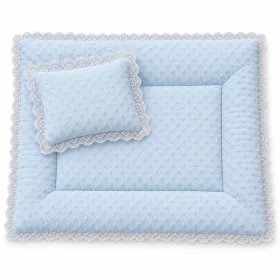 AL ARQAM Soft Padded Baby Mat & Matching Pillow Set, 68 x 50 cm Baby Cushion Mat with 30 x 20 cm Pillow, Textured Fabric & Light Blue Lace Trim – Light Blue
