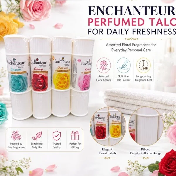 Enchanteur Perfumed Talc Powder 125g(48PC/CTN) – Assorted Floral Fragrance Body Talcum Powder for Women