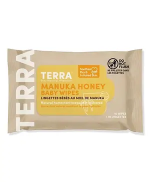 Terra Bamboo Baby Wipes: 99 % Pure New Zealand Water + Manuka Honey, 100% Biodegradable Bamboo Fiber, 0% Plastic, For Sensitive Skin, Keep Skin Hydrated, Soothes Dry & Irritated Skin, 0 Months+ - 10 P