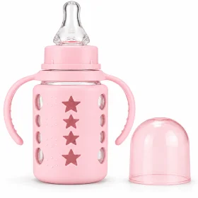 ALGO 120ml Glass Baby Feeding Bottle with Handles – Pink