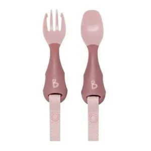 Bibado Handi Cutlery Fork & Spoon Set, Ergonomic Grip, No-Drop Strap, Food-Safe Material, 6 Months+, 10 cm Each, Mist - 2 Pieces